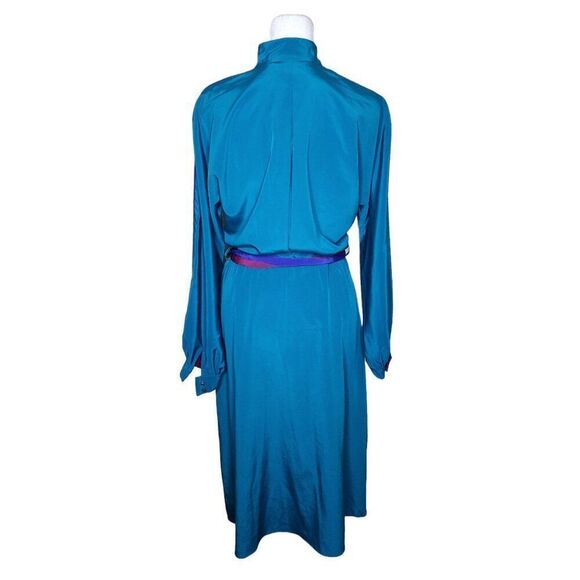 Sasson Vintage 80s Long Sleeve Sleek Dress Womens Size 6 Teal Blue High Neck - Picture 4 of 7